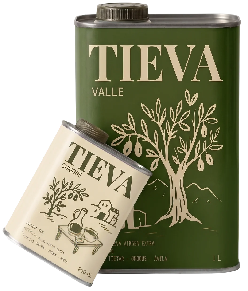 Las dos latas de Tieva: Valle, de un litro, y Cumbre, de 250 ml