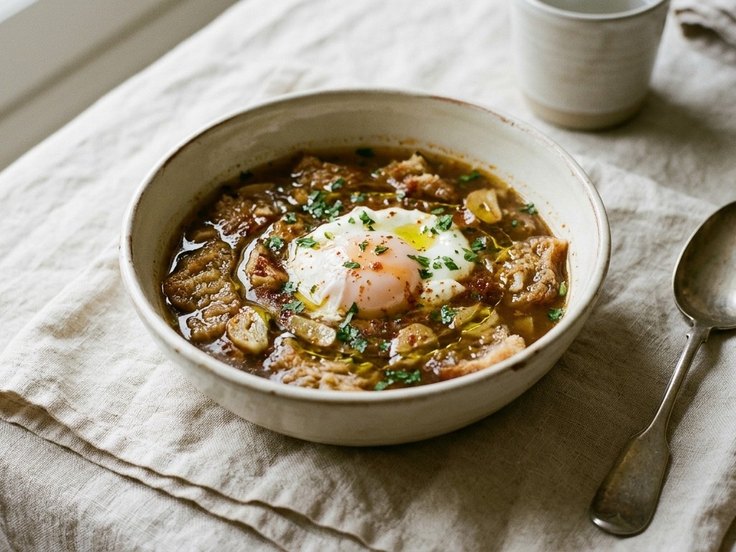 Cuenco de sopa de ajo con huevo