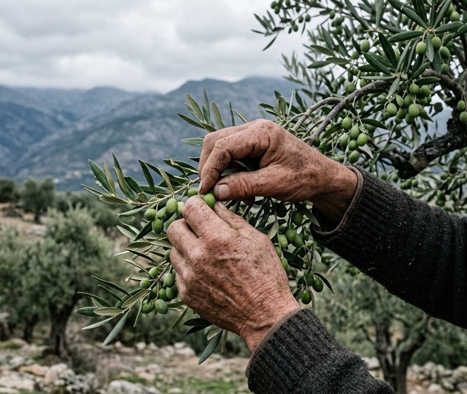 Manos recogiendo aceitunas verdes con la sierra al fondo
