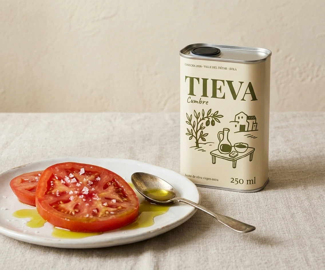 Tomate con sal y aceite en crudo, y la lata Cumbre detrás