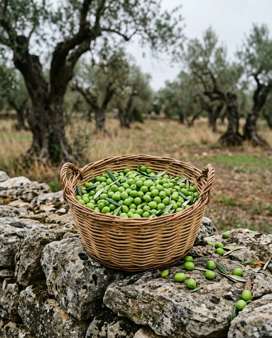 Un cesto de aceitunas verdes recién cogidas sobre un muro de piedra, en el olivar