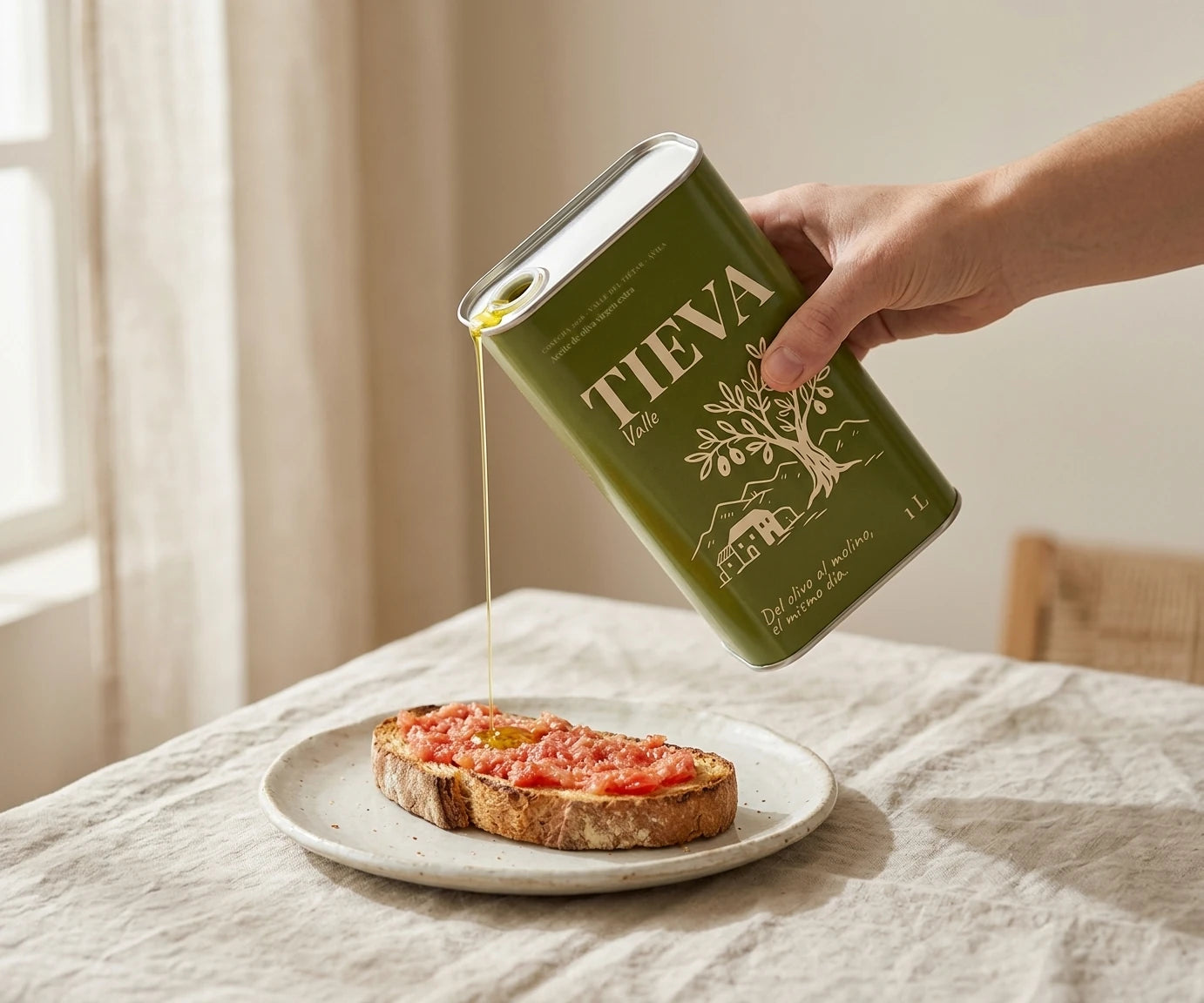 Una mano vierte aceite de la lata Valle sobre una tostada